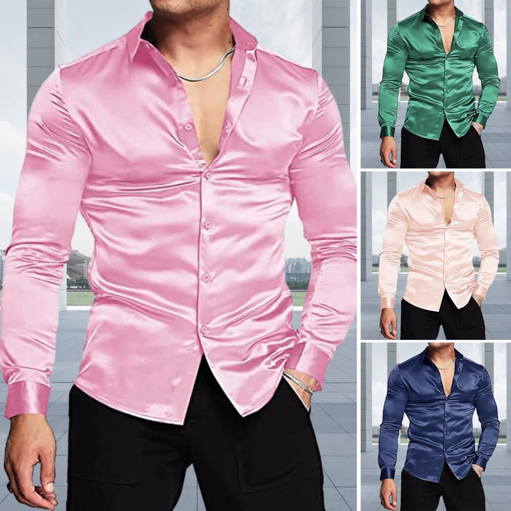 Mens Satin Silk Dress Shirt - Pink Silk Satin Luxury Dress Shirt