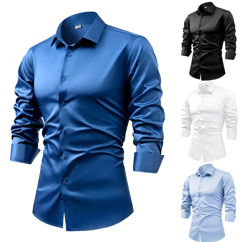 2025 Spring Autumn Royal Blue  - Mens Satin Silk Dress Shirt recension och pris