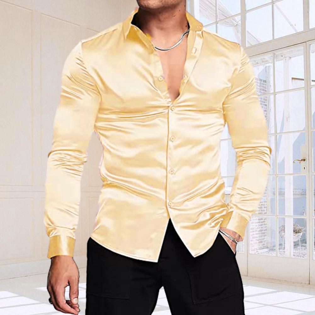 Stylish Men Shiny Silk Like Sa - Mens Satin Silk Dress Shirt recension och pris